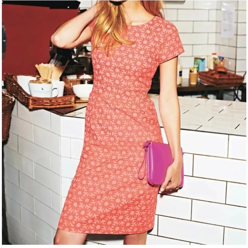 Boden Dress Women 10 Long Coral Orange Daisy Jacquard Floral Sheath Pockets - Picture 1 of 12